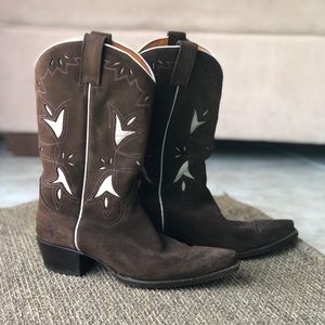 Brown and pink suede Frye cowboy boots